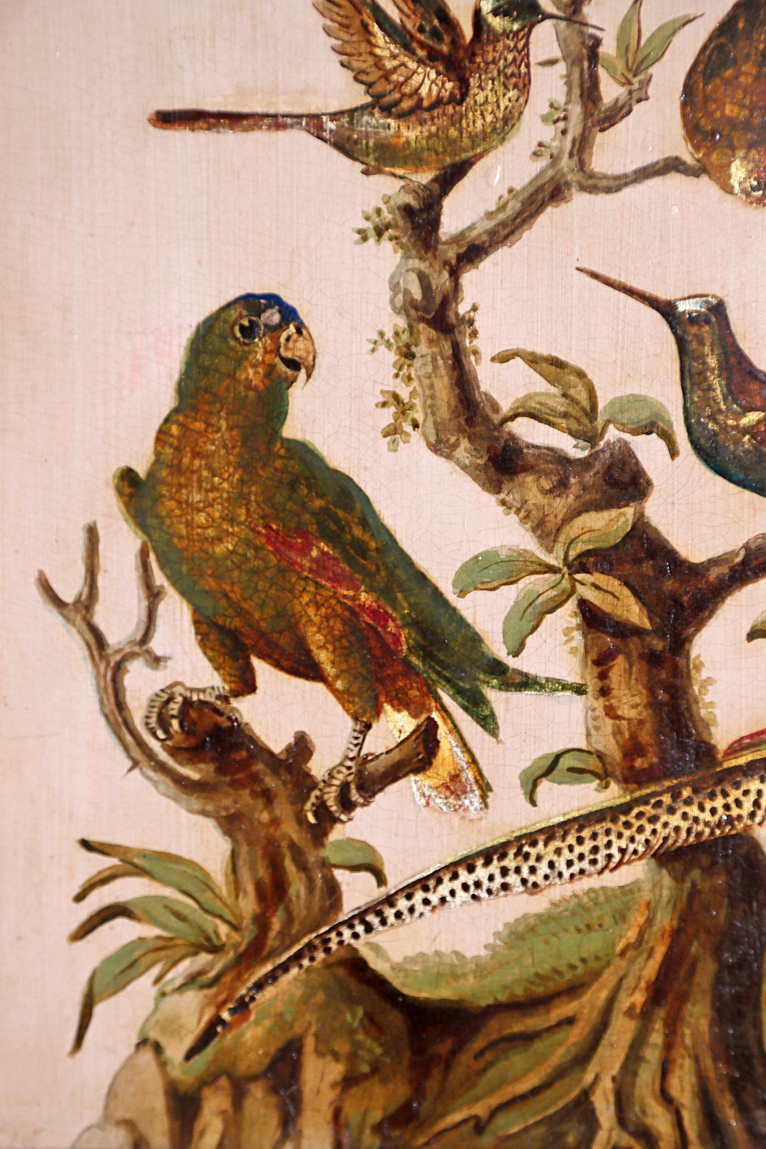 Baroque Pair of 19th Century Continental Paintings of Birds on Board