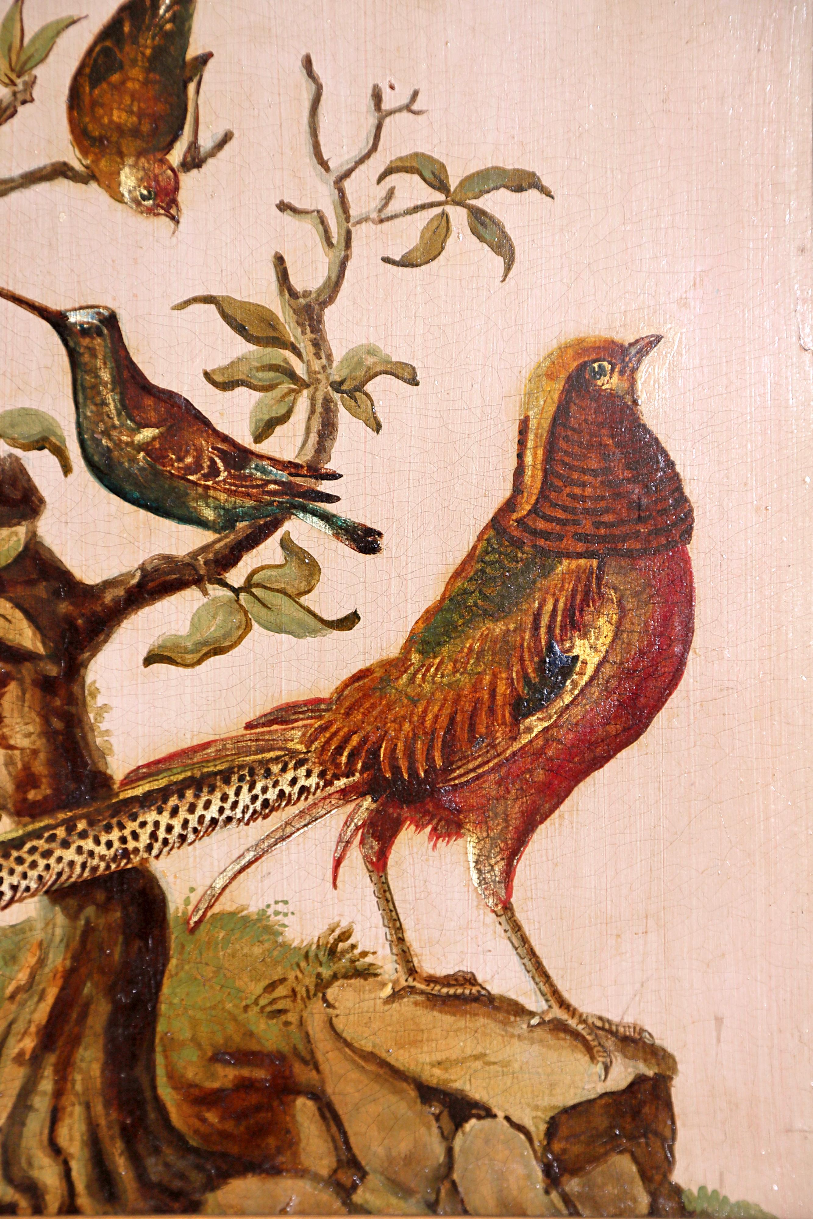 French Pair of 19th Century Continental Paintings of Birds on Board