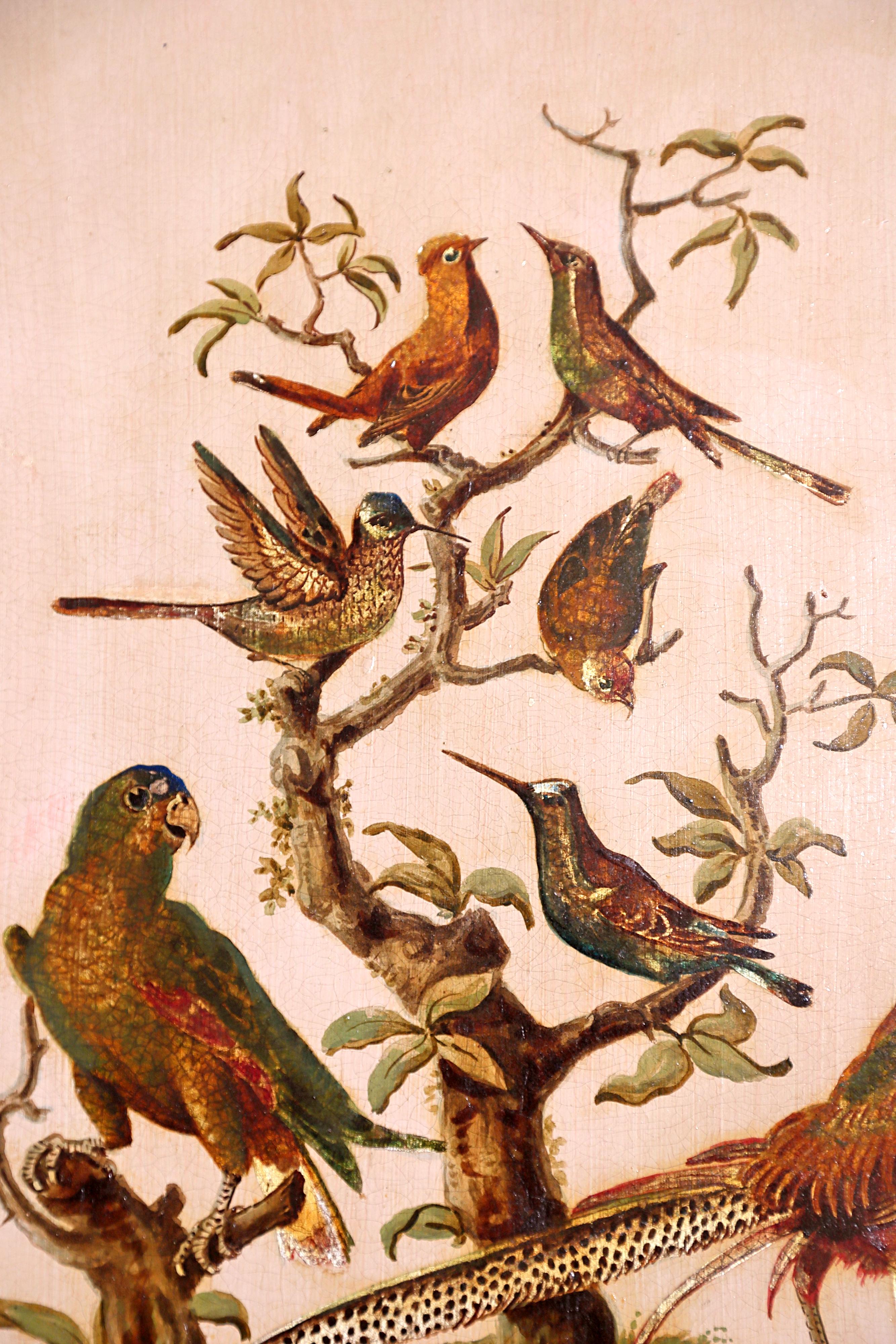 Gilt Pair of 19th Century Continental Paintings of Birds on Board