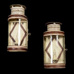 Pair of 19th Century Cream and Red Painted Tole Metal Lanterns, Wall Sconces