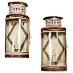 Pair of 19th Century Cream and Red Painted Tole Metal Lanterns, Wall Sconces