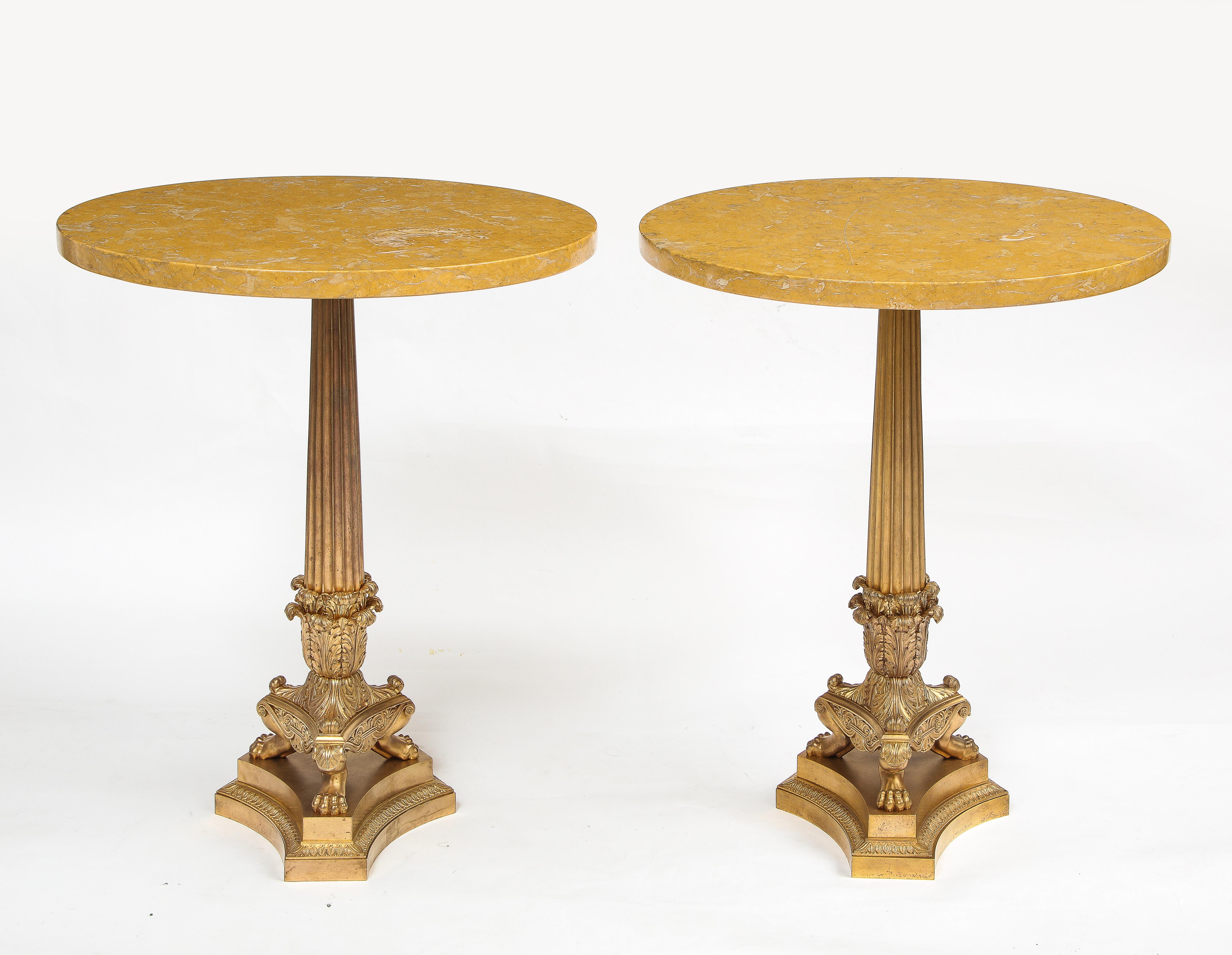 French Pair of 19th Century Empire Style Dore Bronze and Sienna Marble Top Gueridons