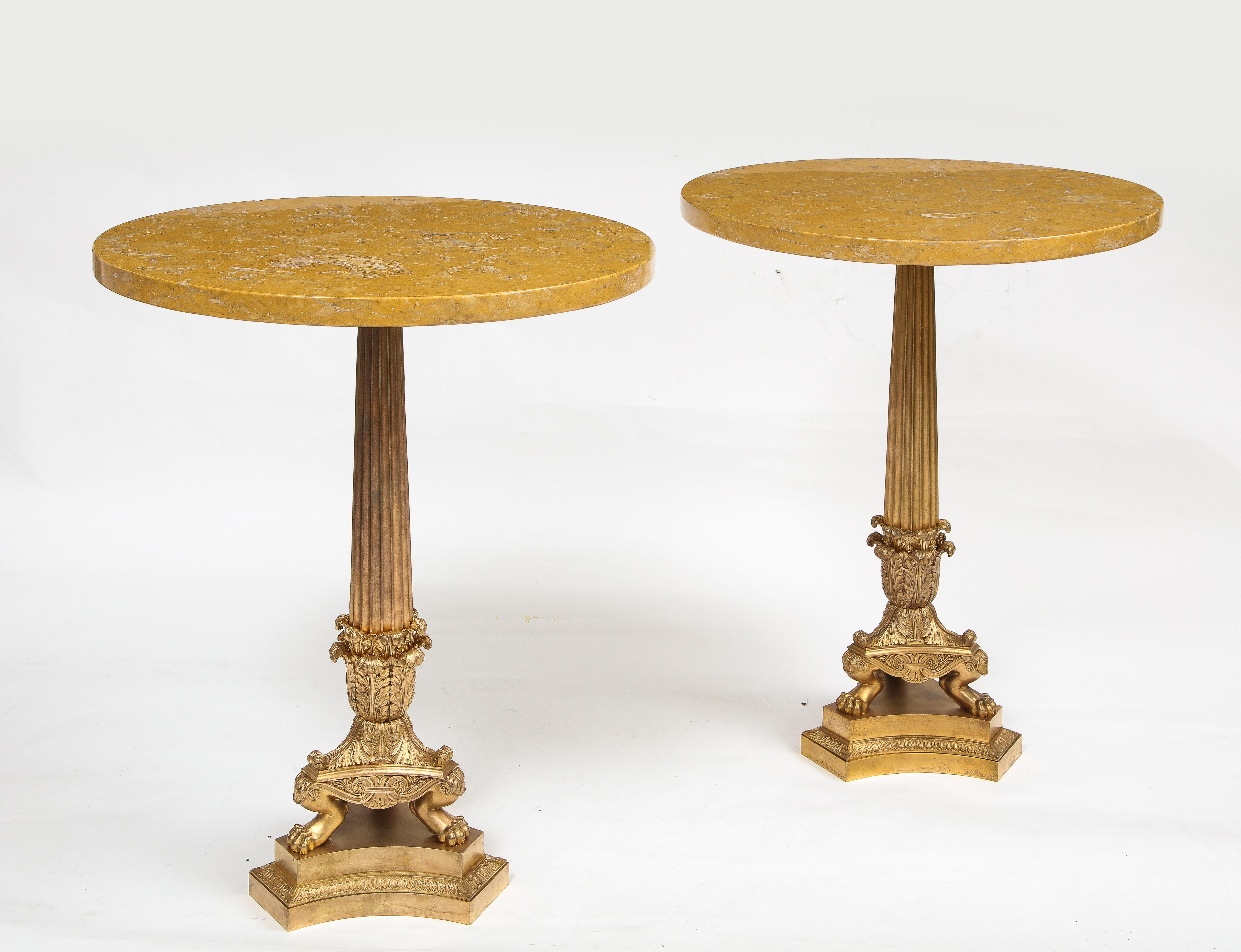 Hand-Carved Pair of 19th Century Empire Style Dore Bronze and Sienna Marble Top Gueridons For Sale