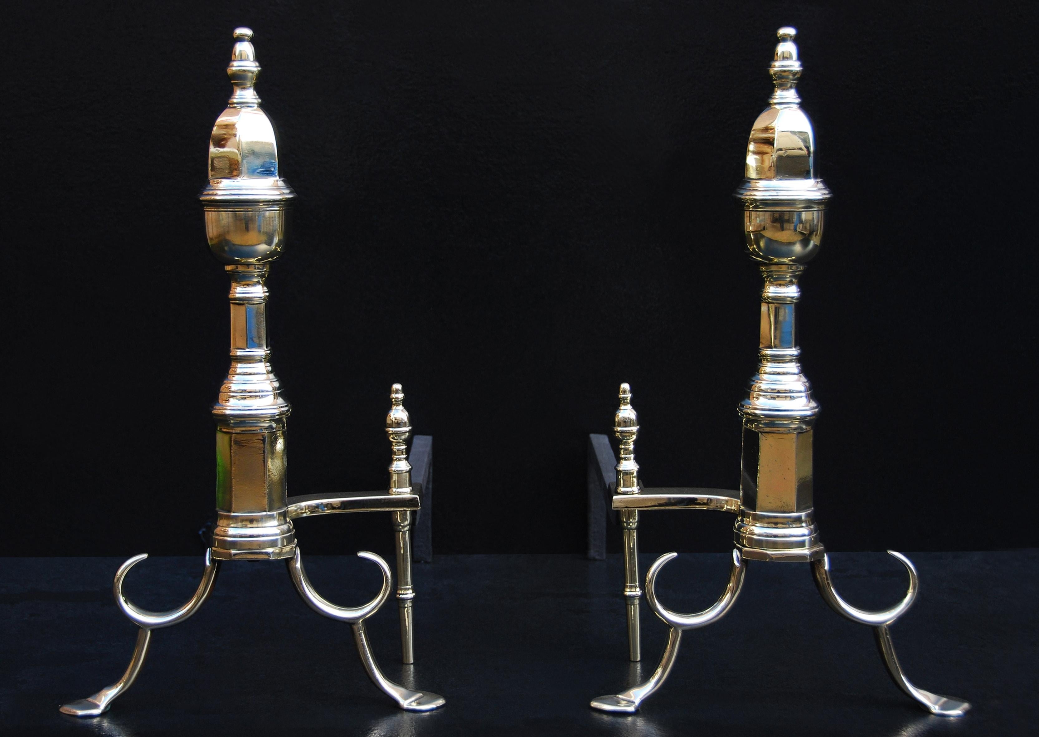 Pair of 19th Century English Brass Andirons For Sale 1