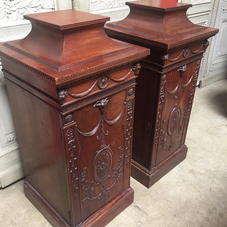 Adam Style Pair of 19th Century English George III Style Mahogany Pedestal Cabinets For Sale