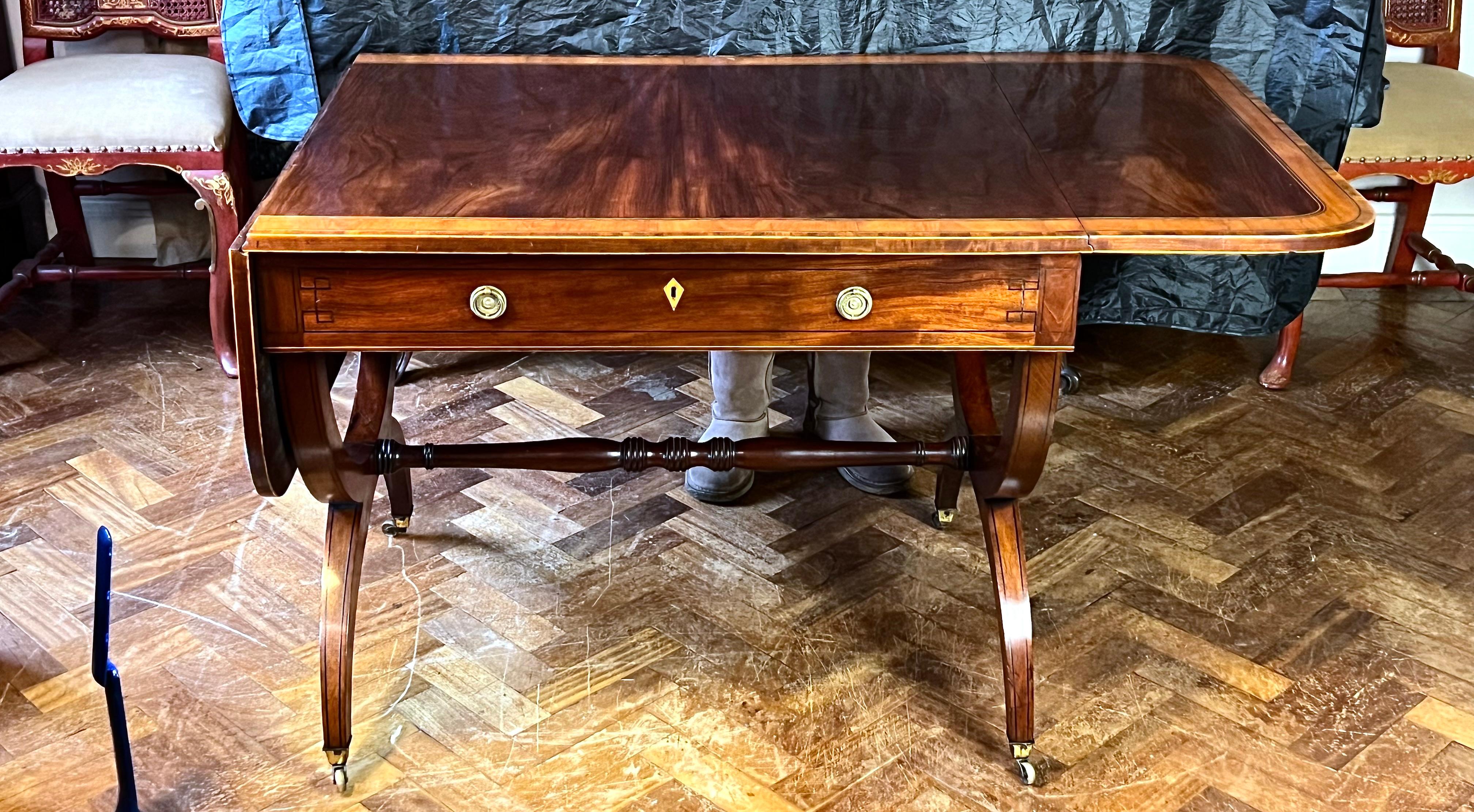 19th Century A Fine Pair Of Regency Mahogany & Satinwood-Inlaid Sofa Tables For Sale
