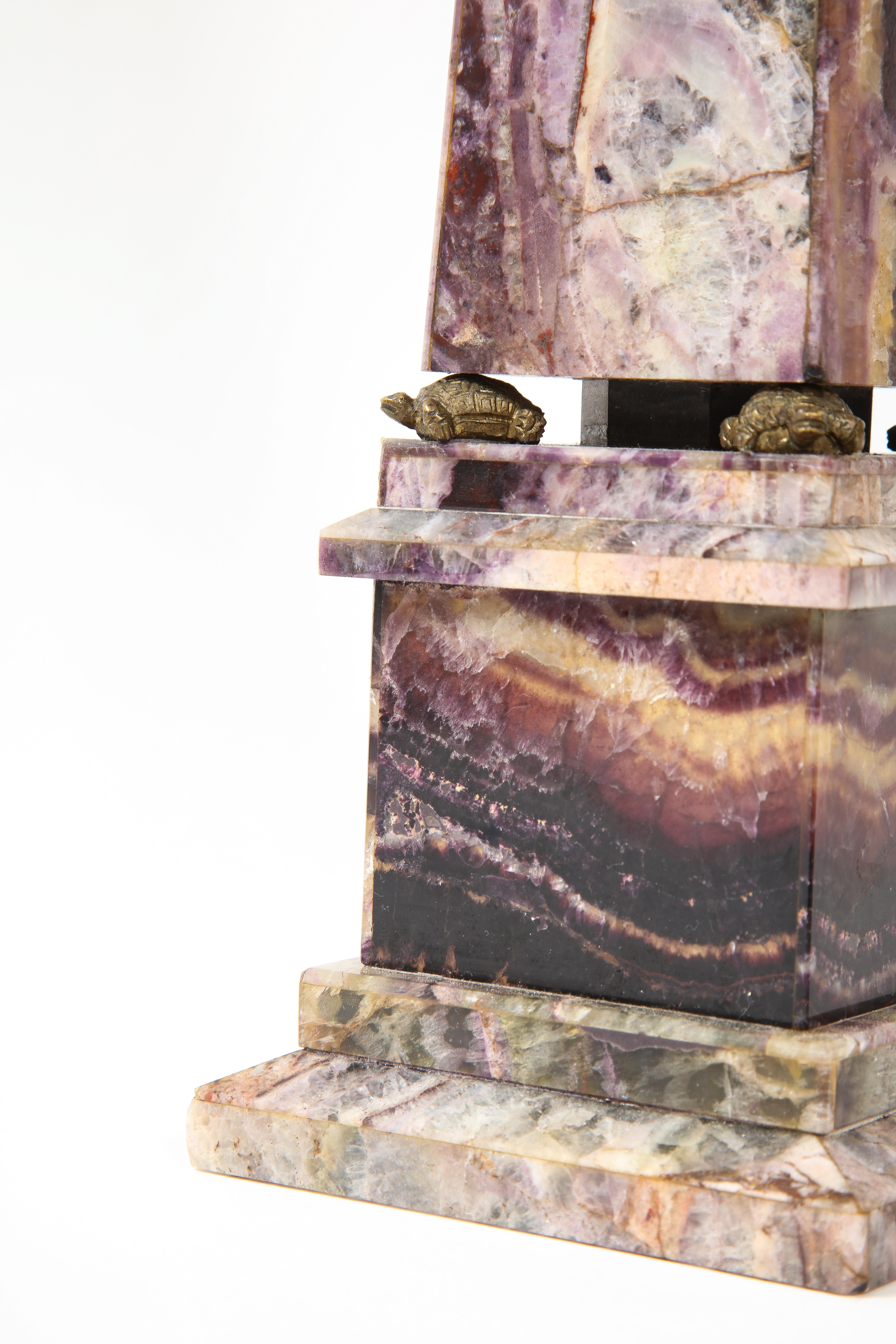 Pair of 19th Century English Turtle-Form Ormolu Mnt. Blue John Obelisks In Good Condition For Sale In New York, NY