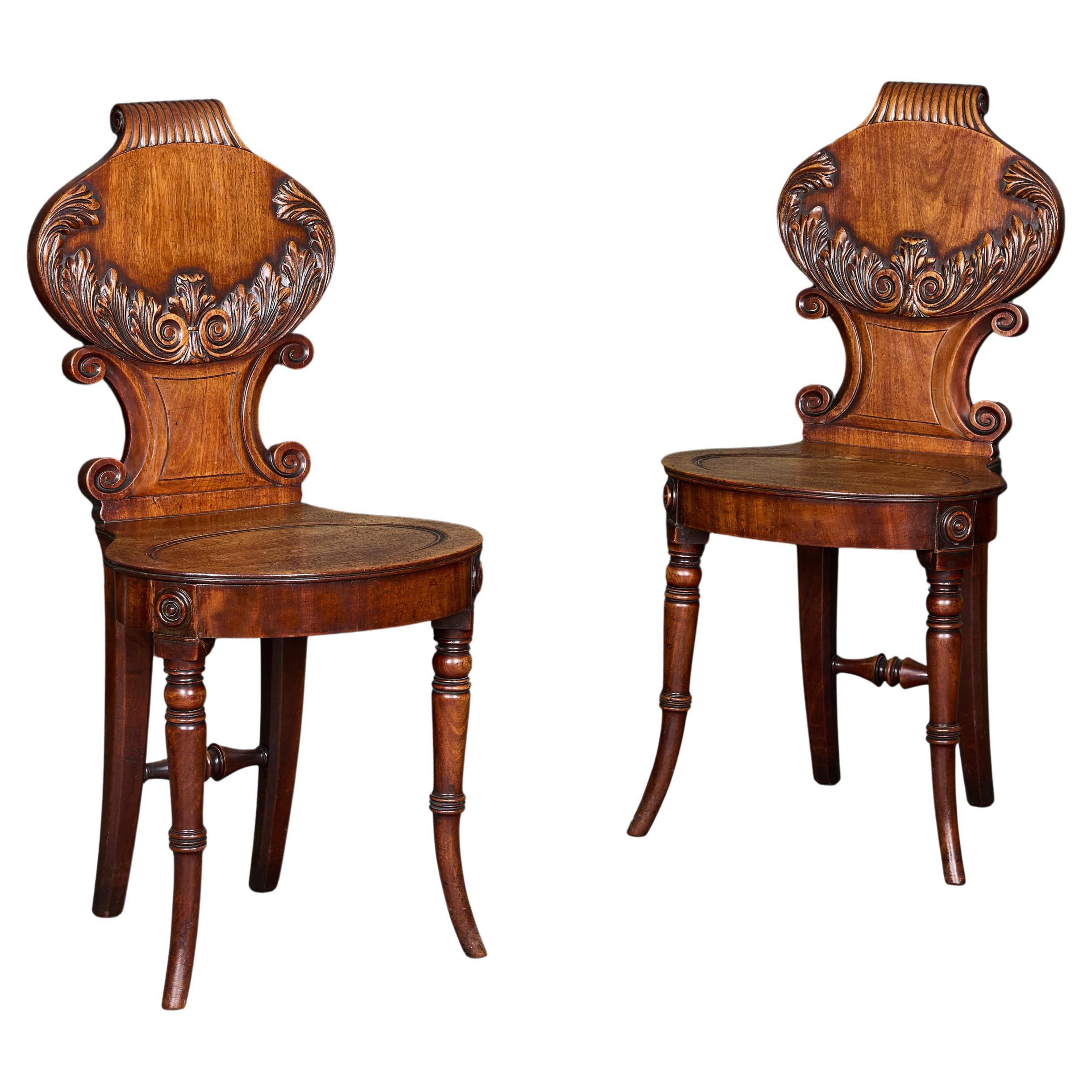 A Pair of 19th Century English William IV Mahogany Hall Chairs For Sale