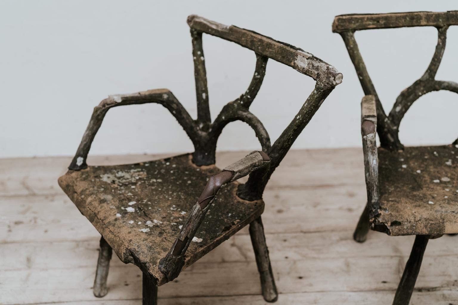 Iron Pair of 19th Century Faux Bois Armchairs