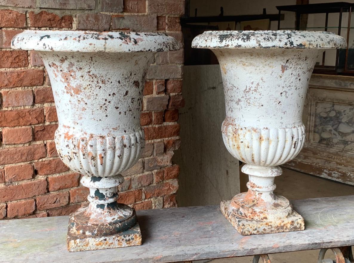 A gorgeous pair of early 19th century cast iron Medici urns from the south of France. These would look beautiful indoors or in the garden with their old weathered paint.


