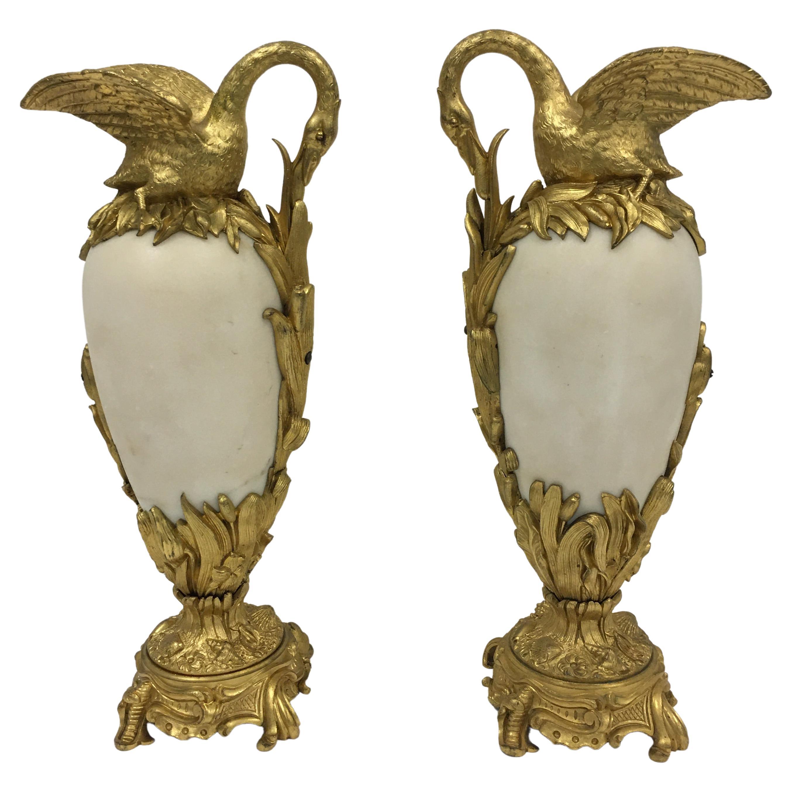 Pair of 19th Century French Neo-Classical St. Marble and Ormolu Ewers