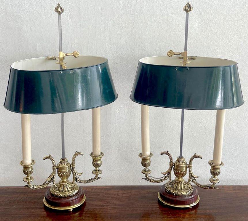 Pair of 19th-century French neoclassical bronze and tole Bouillotte lamps
France, circa 1890, Electrified 20th Century 

An exquisite pair of 19th-century French neoclassical bronze and tole Bouillotte lamps, originating from France circa 1890.