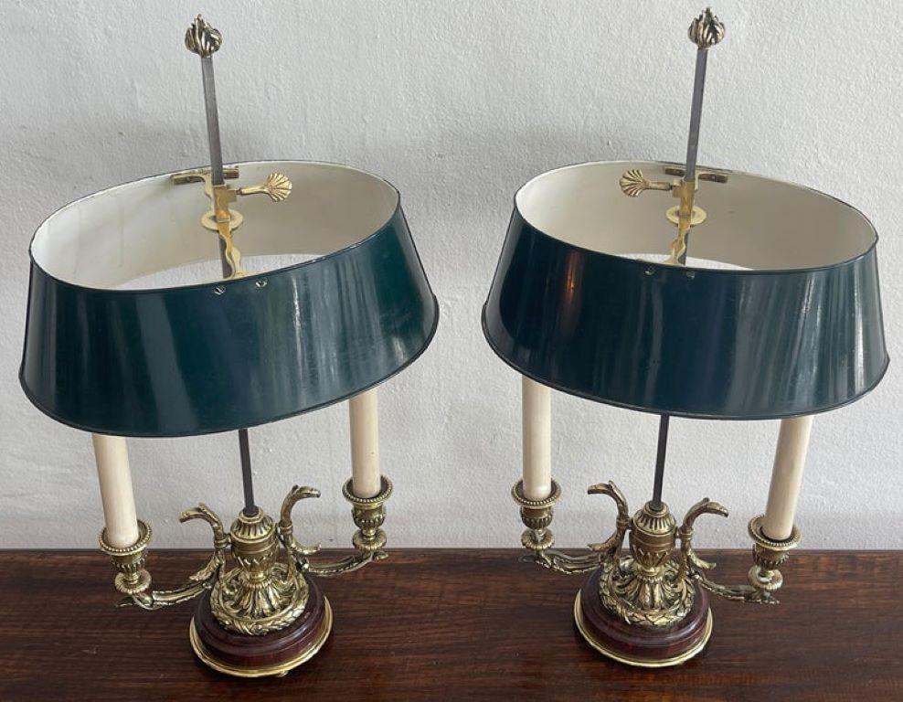 Polychromed A Pair of 19th Century French Neoclassical Bronze & Tole Bouillotte Lamps  For Sale