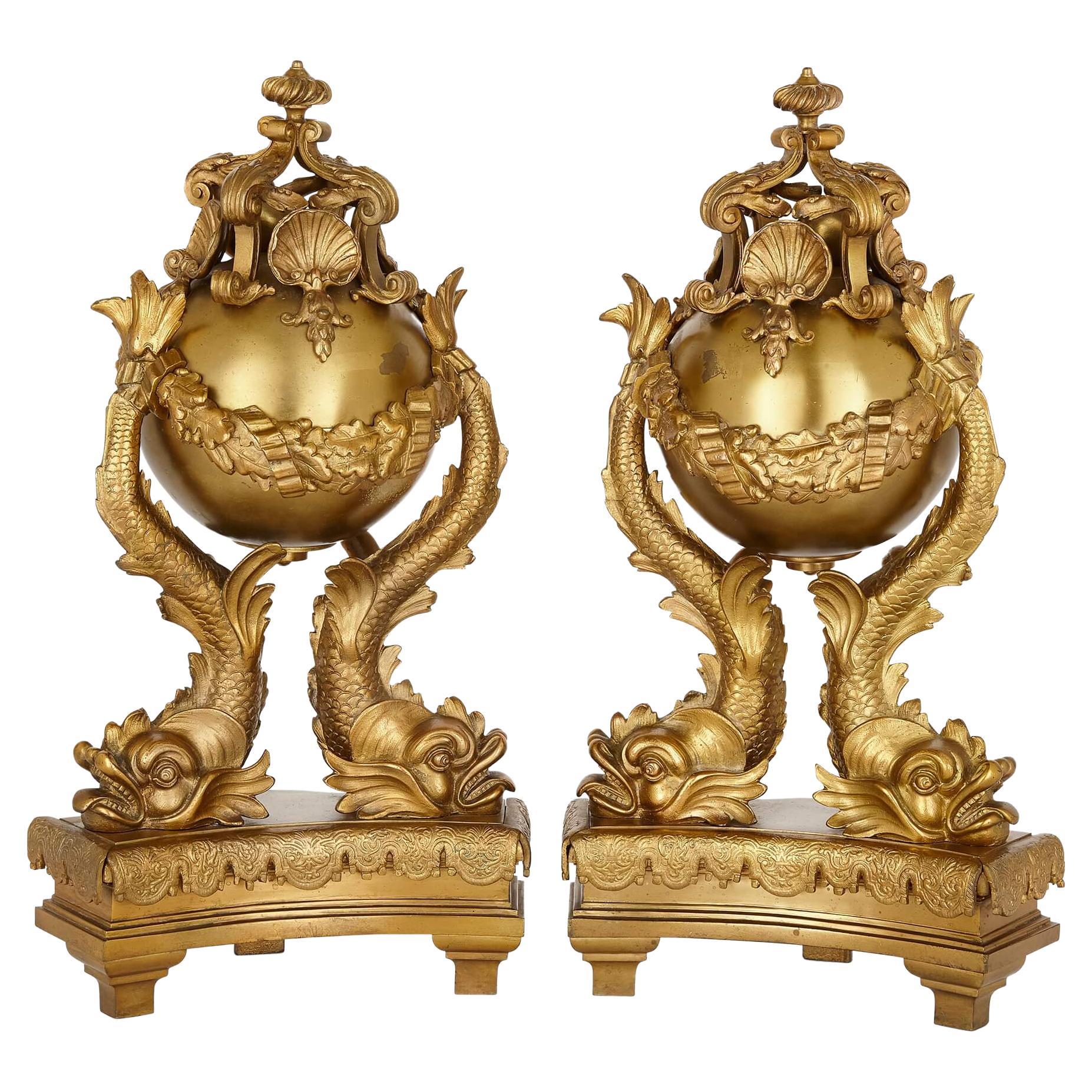 Pair of 19th Century French Ormolu Dolphin Chenets For Sale