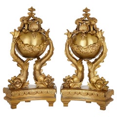 Antique Pair of 19th Century French Ormolu Dolphin Chenets