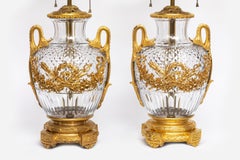 A Pair of 19th Century French Ormolu Mounted Hand-Diamond Cut Crystal Lamps