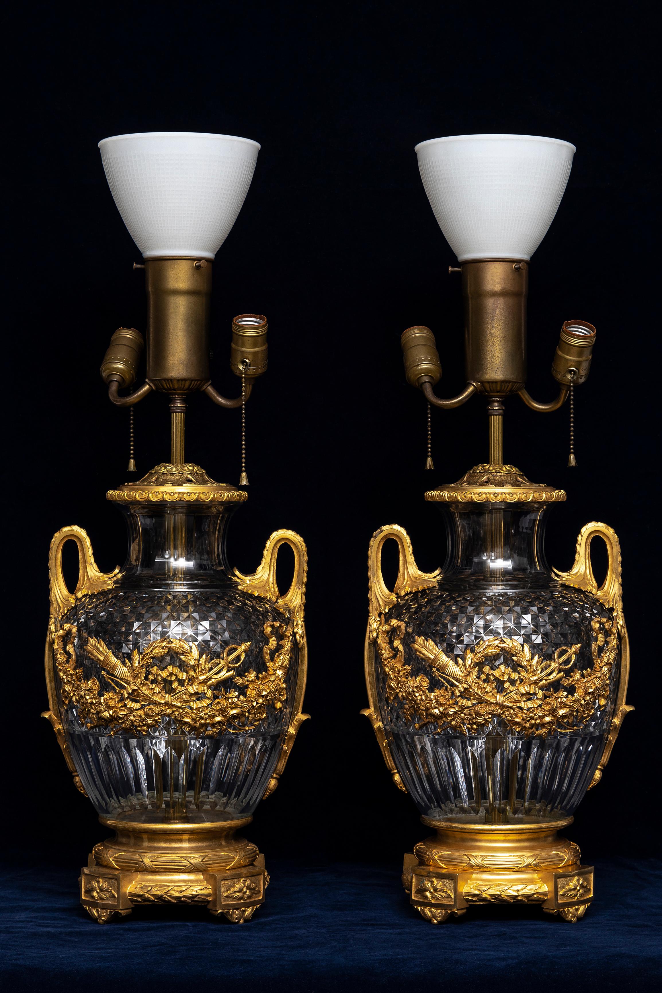 Louis XVI A Pair of 19th Century French Ormolu Mounted Hand-Diamond Cut Crystal Lamps For Sale