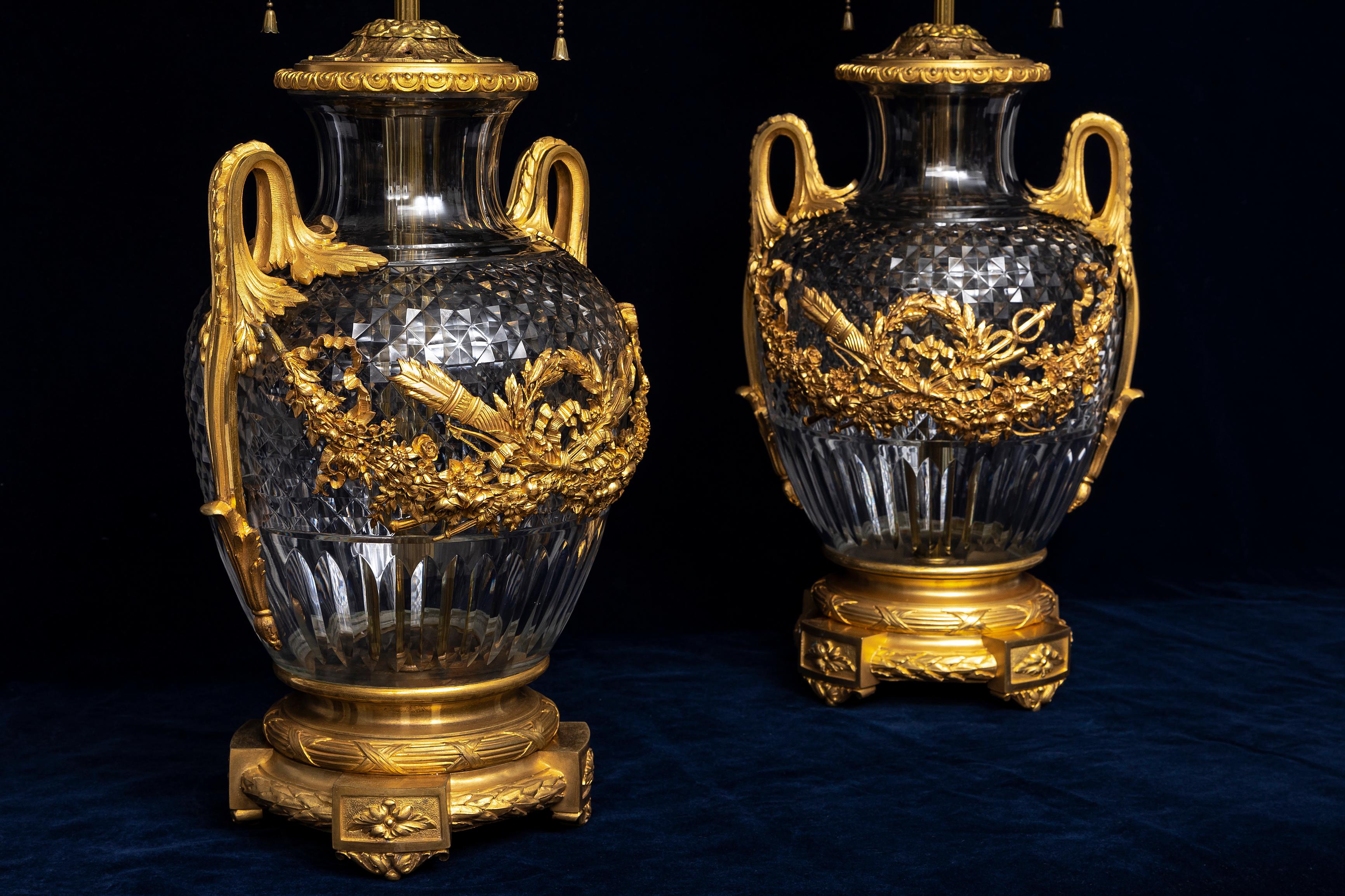 Gilt A Pair of 19th Century French Ormolu Mounted Hand-Diamond Cut Crystal Lamps For Sale