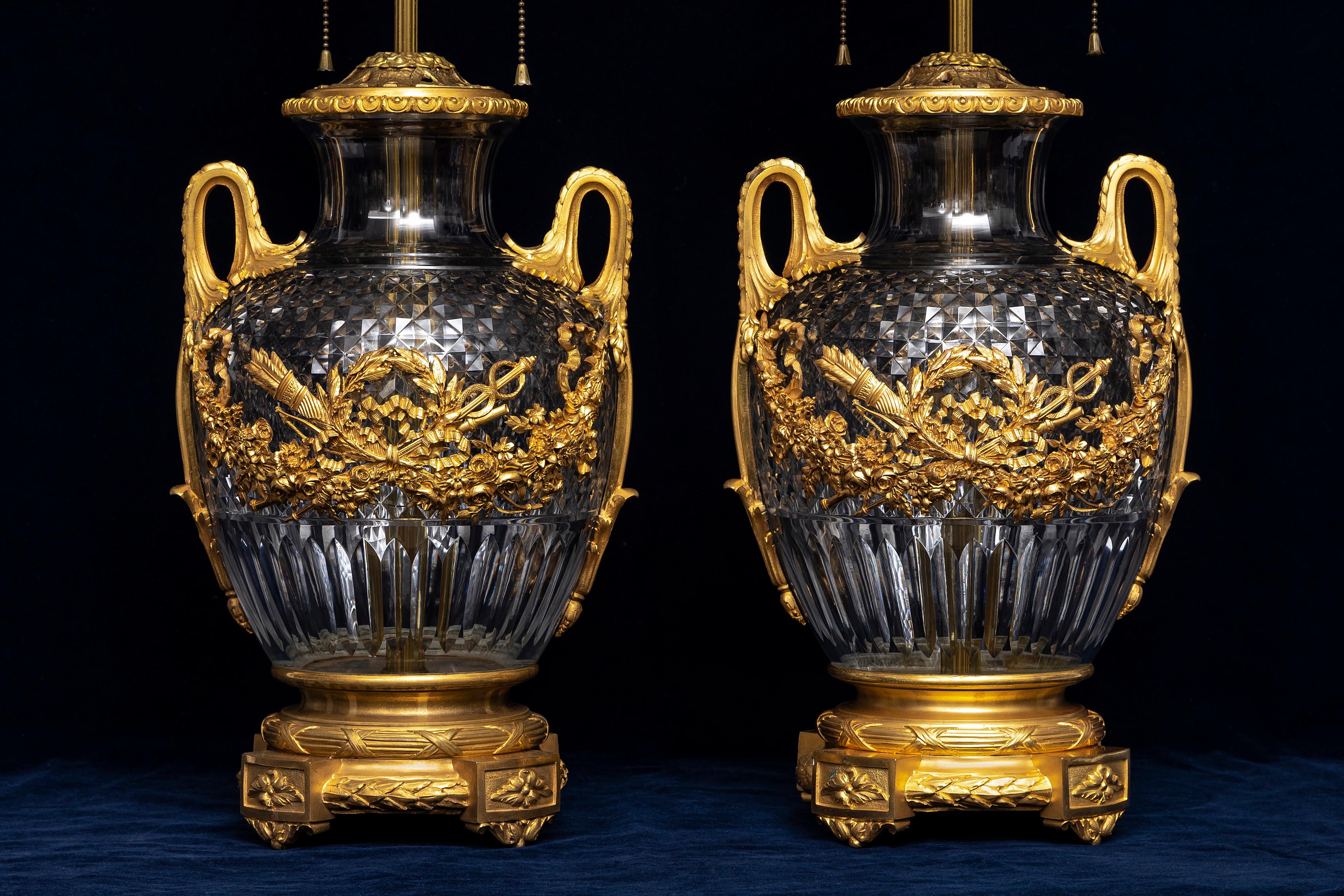 A Pair of 19th Century French Ormolu Mounted Hand-Diamond Cut Crystal Lamps In Fair Condition For Sale In New York, NY
