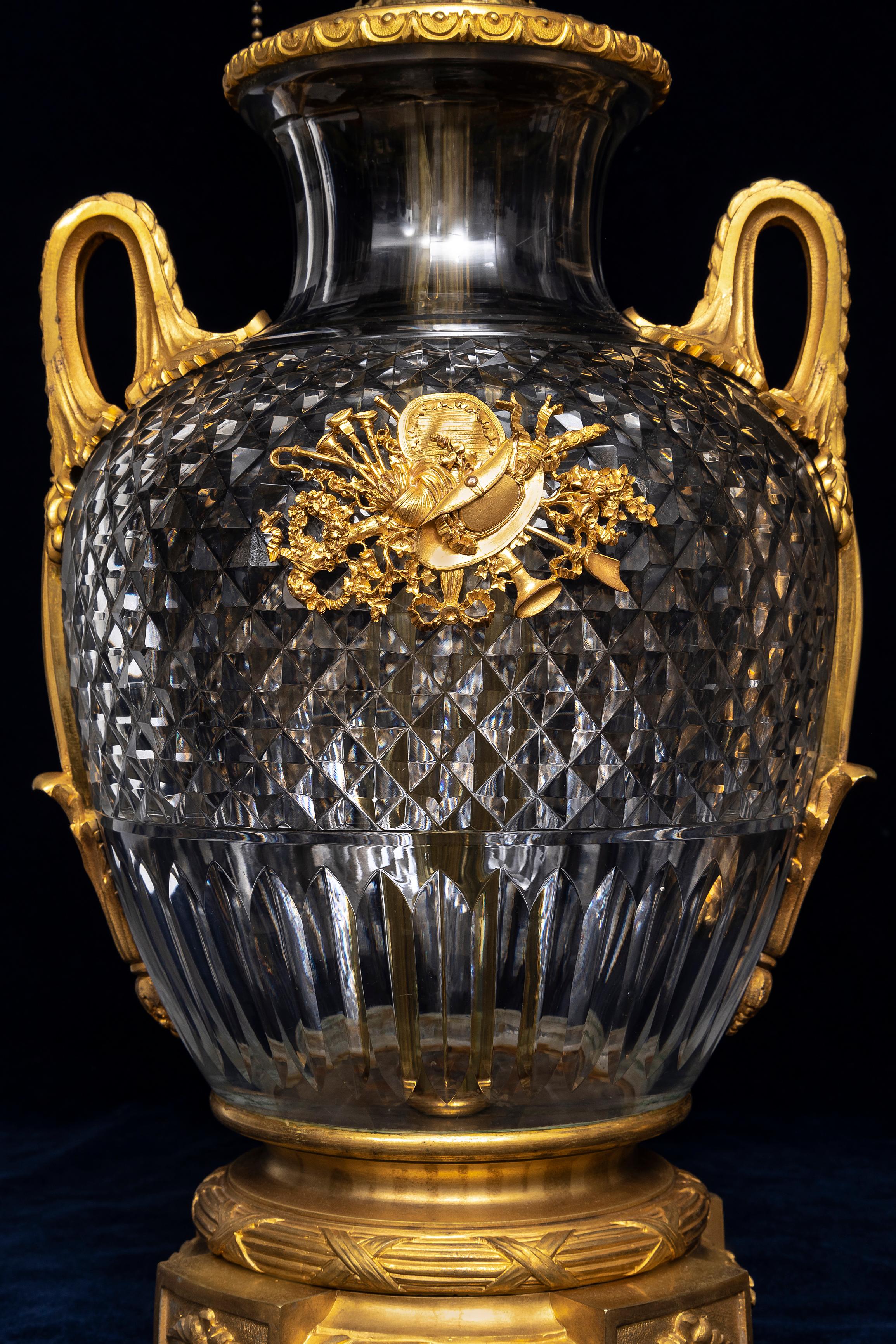 Late 19th Century A Pair of 19th Century French Ormolu Mounted Hand-Diamond Cut Crystal Lamps For Sale