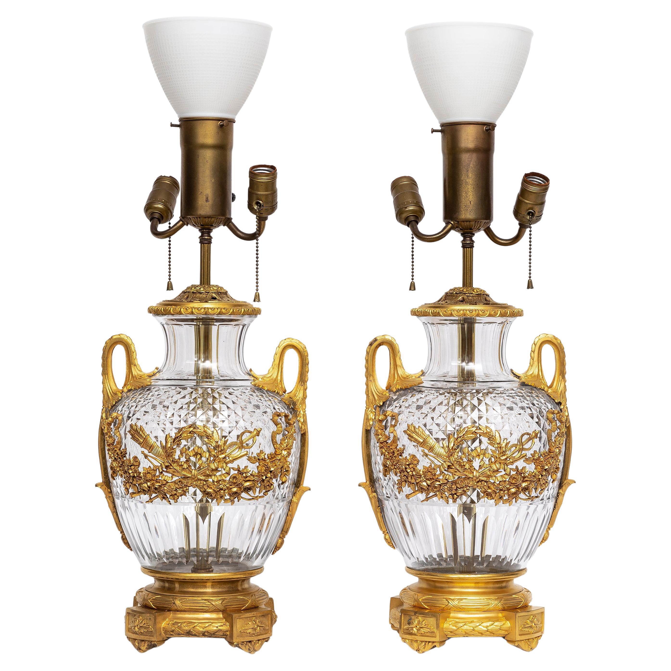 A Pair of 19th Century French Ormolu Mounted Hand-Diamond Cut Crystal Lamps For Sale