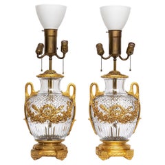 A Pair of 19th Century French Ormolu Mounted Hand-Diamond Cut Crystal Lamps