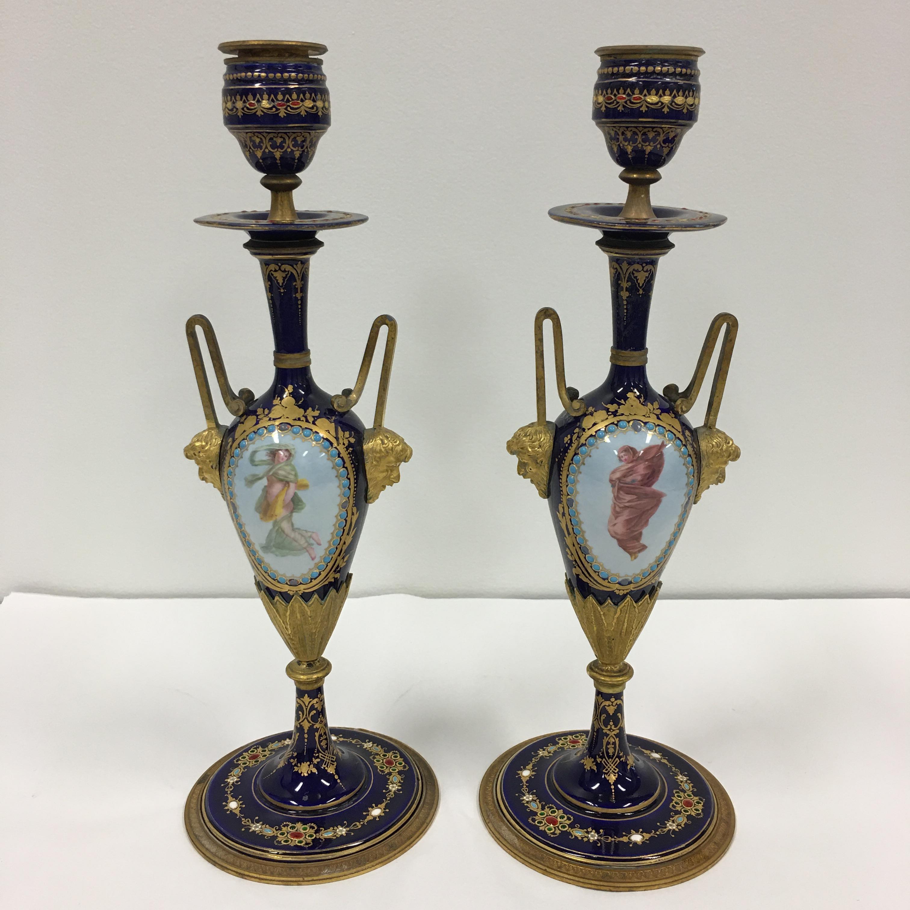 A pair of 19th. century French Sevres porcelain and ormolu candlesticks. In Good Condition In Brisbane, Queensland