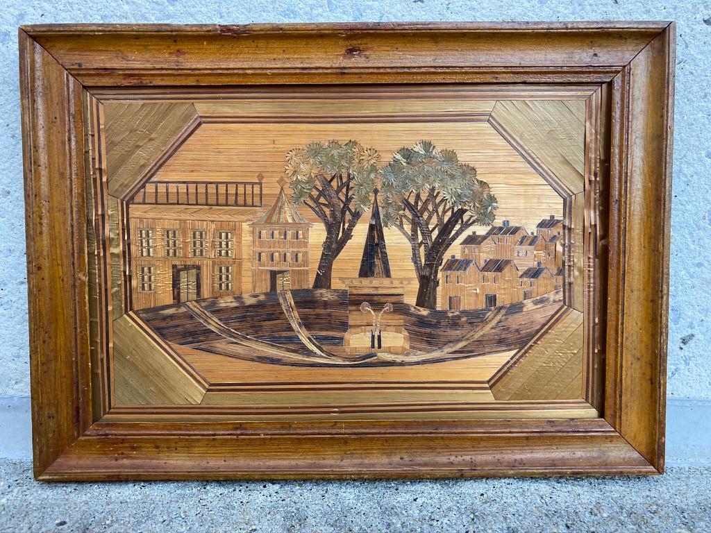 A pair of charming late 18th early 19th century 'Marqueterie De Paille' landscapes in original frames. The detailed workmanship of these pieces is exquisite. 
Provenance: The Collections of Principessa Ismene Chigi Della Rovere. 

The technique is