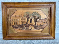 Paire de paysages en marqueterie de paille française du 18ème siècle