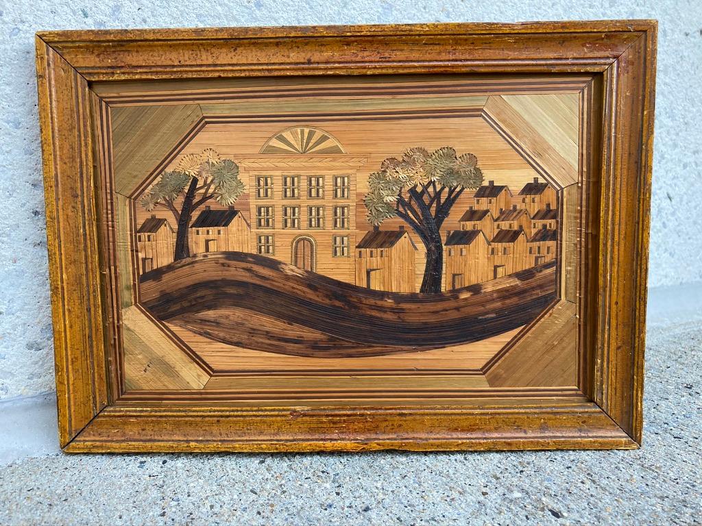 French Provincial Pair of 18th Century French Straw Marquetry Landscapes