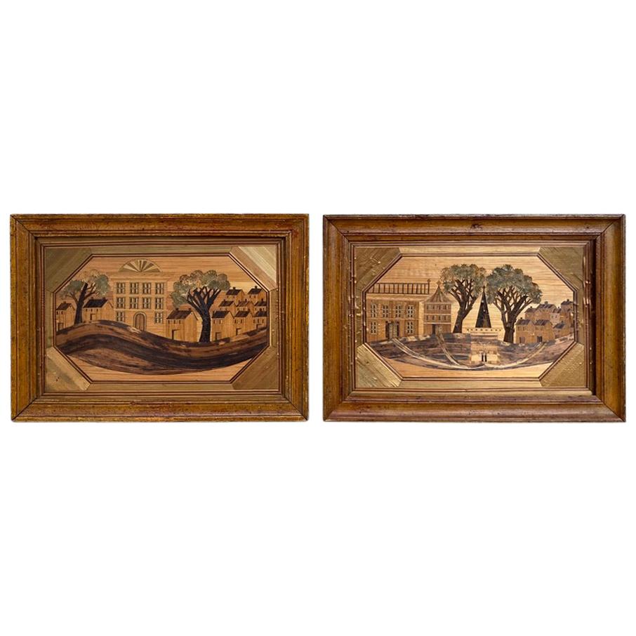 Pair of 18th Century French Straw Marquetry Landscapes