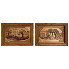 Paire de paysages en marqueterie de paille française du 18ème siècle