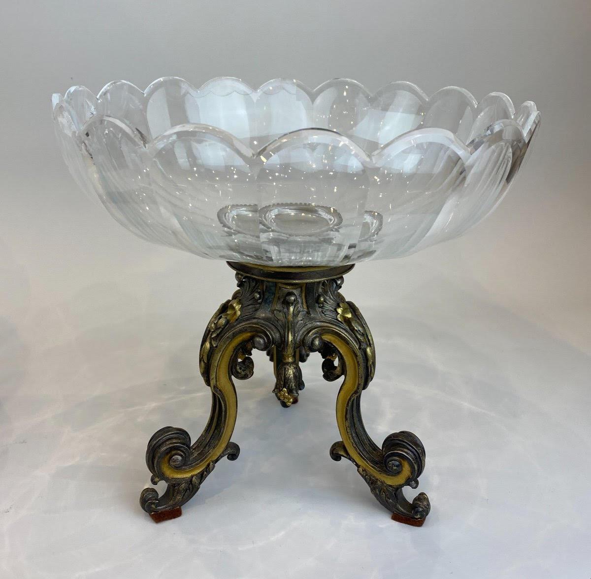 Paire de gobelets en bronze doré et argenté et en cristal du 19ème siècle Bon état - En vente à Saint-Ouen, FR