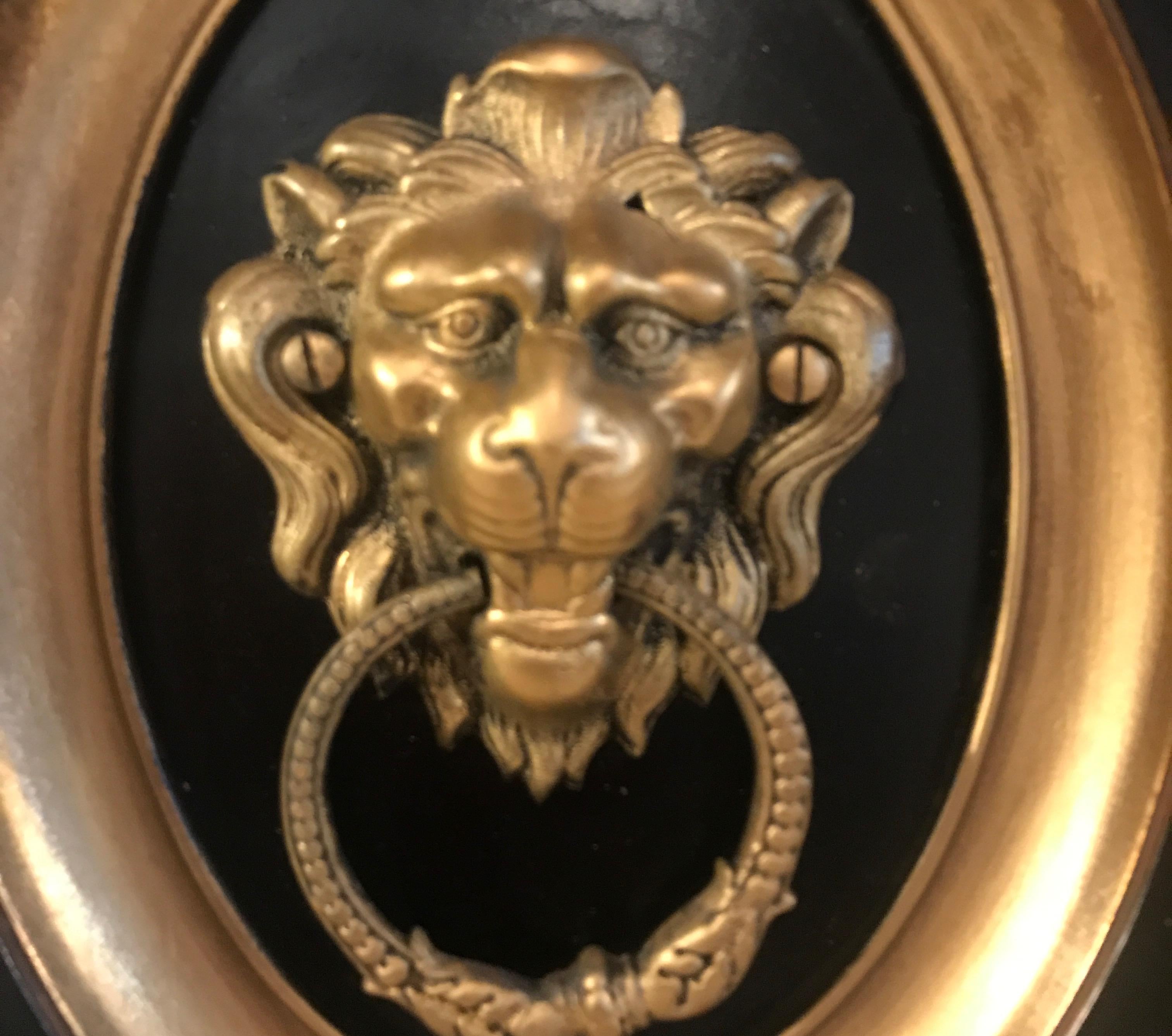 English Pair of 19th Century Gilt Bronze Framed Lion Door Knockers