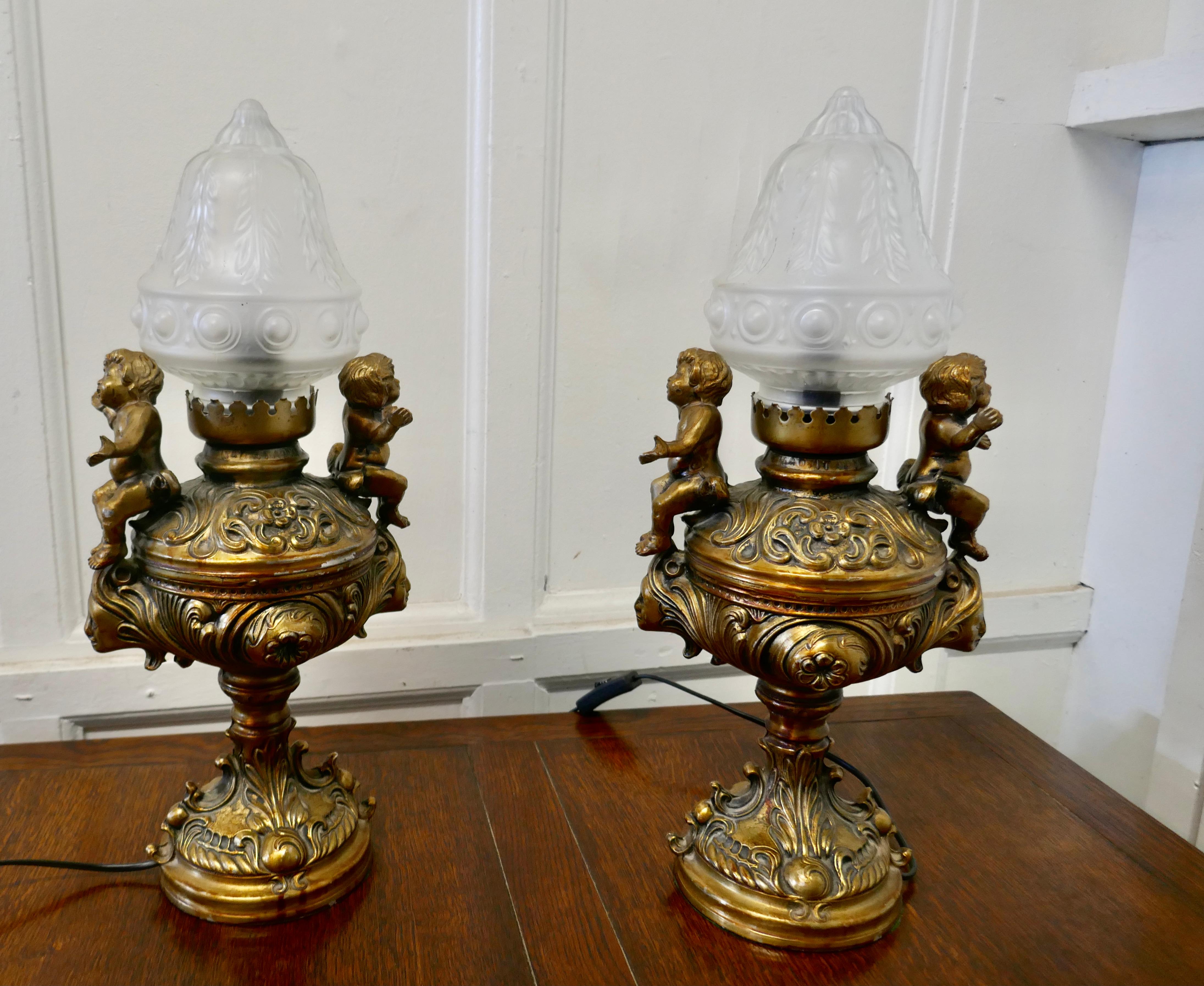 Pair of 19th Century Gilt Lamps in the Form of Cherubs or Putti 3