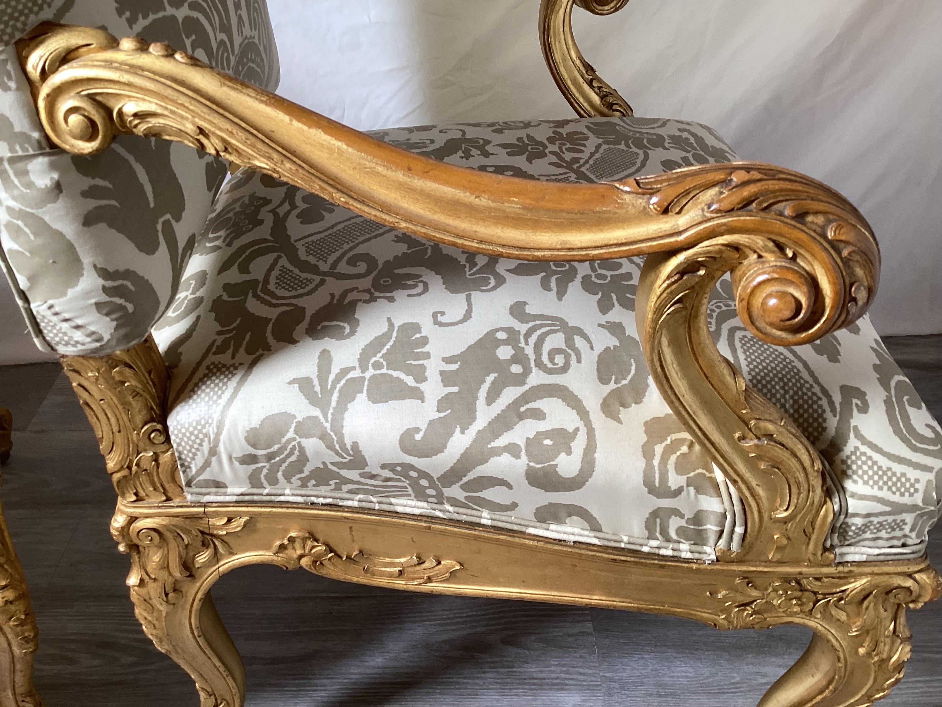 Pair of 19th Century Giltwood Fauteuils Upholstered Chairs For Sale 2
