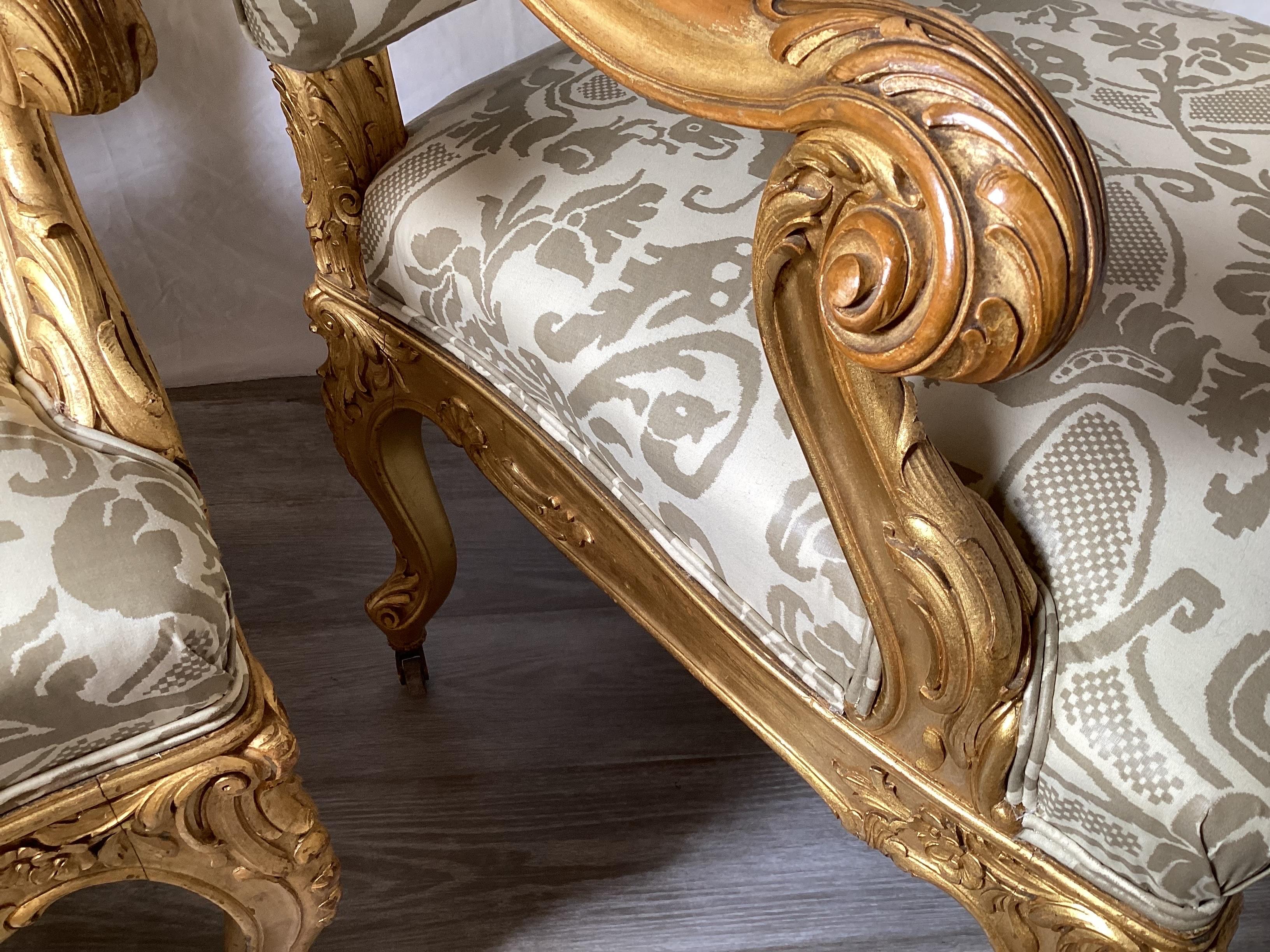 Pair of 19th Century Giltwood Fauteuils Upholstered Chairs For Sale 3