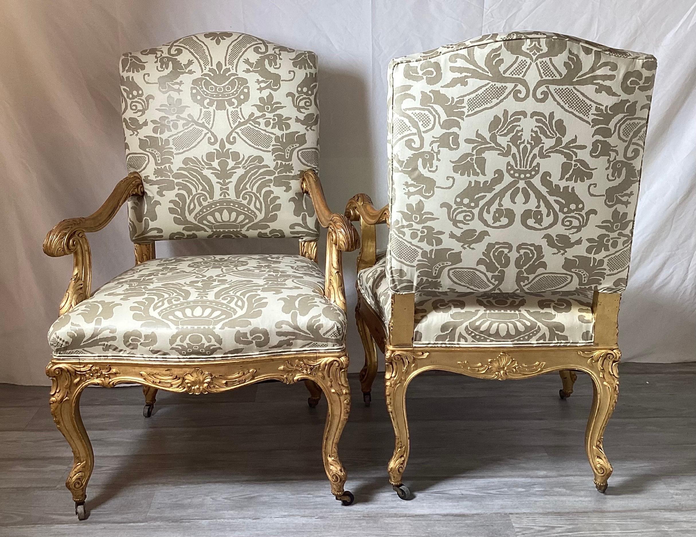 French Pair of 19th Century Giltwood Fauteuils Upholstered Chairs For Sale