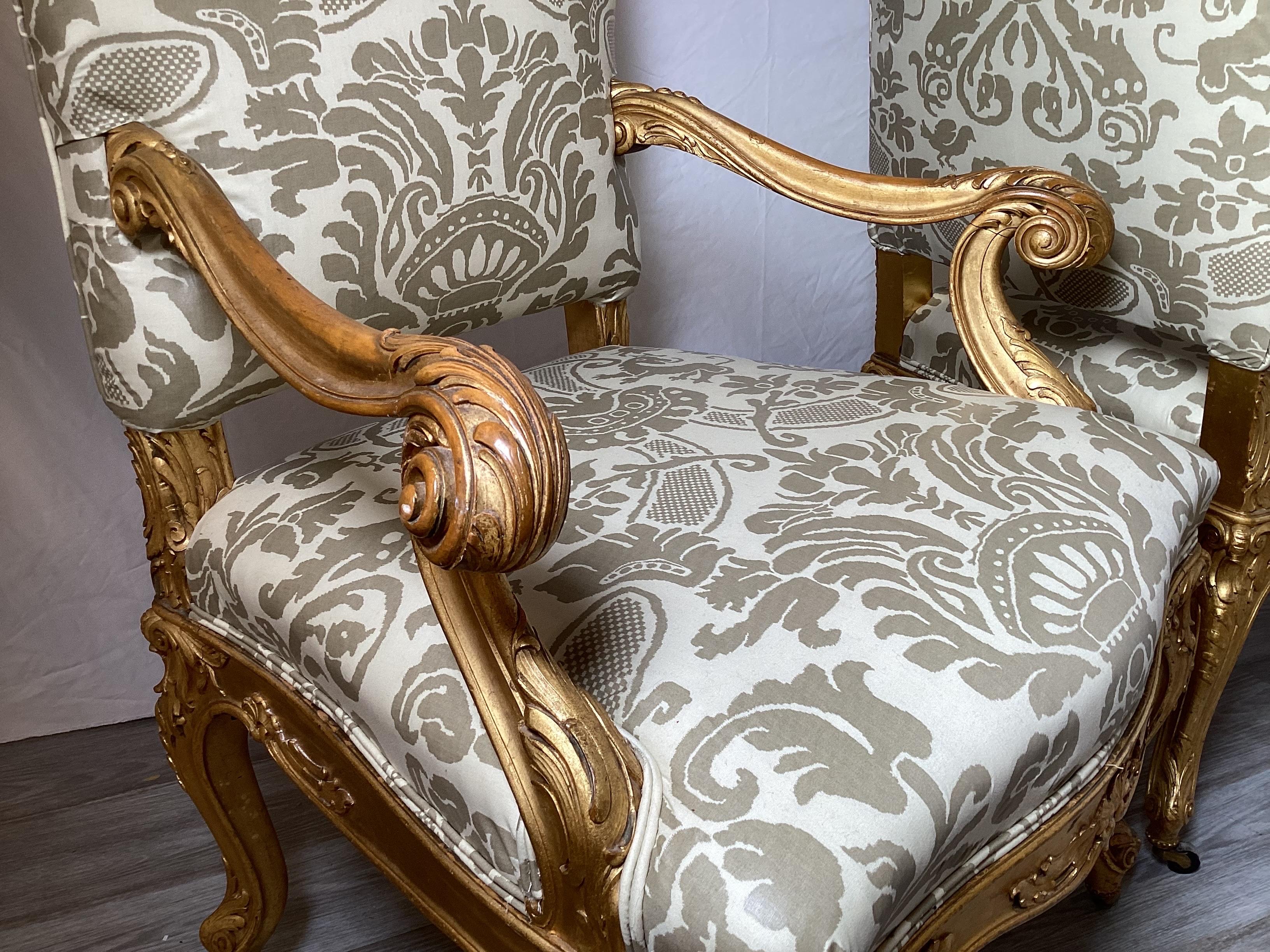 Late 19th Century Pair of 19th Century Giltwood Fauteuils Upholstered Chairs For Sale