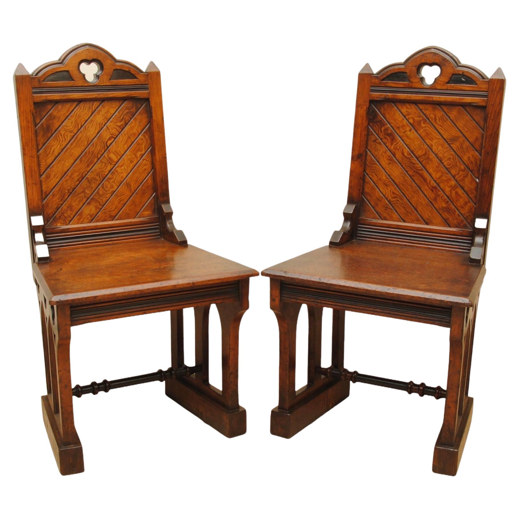 Pair of 19th Century Gothic Design Pitch Pine Hall Chairs For Sale