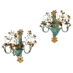Pareja de apliques de flor de tojo verde y dorado del siglo XIX