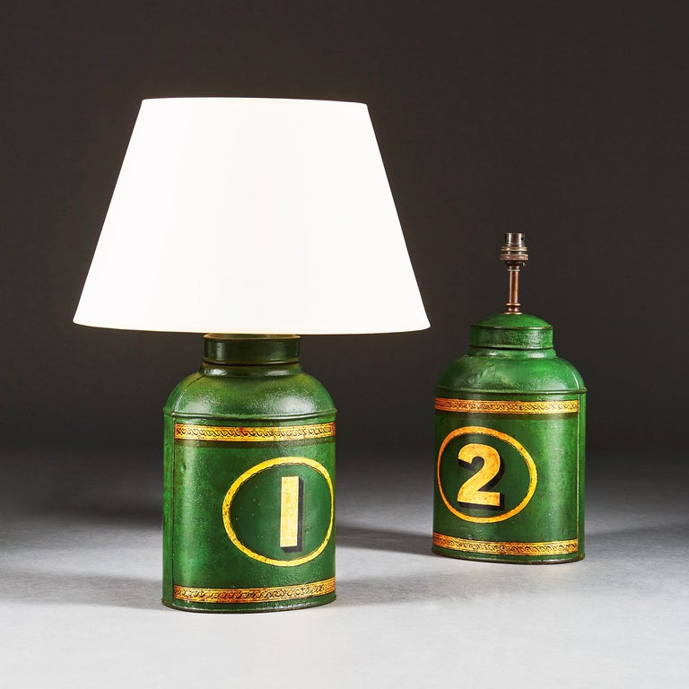 Pair of 19th Century Green Tole Tea Tins as Table Lamps In Good Condition In London, GB