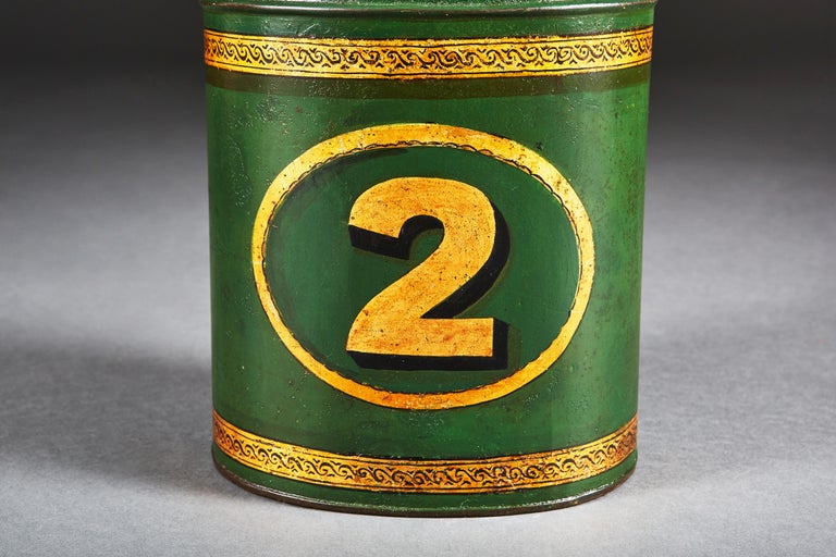 Metal Pair of 19th Century Green Tole Tea Tins as Table Lamps