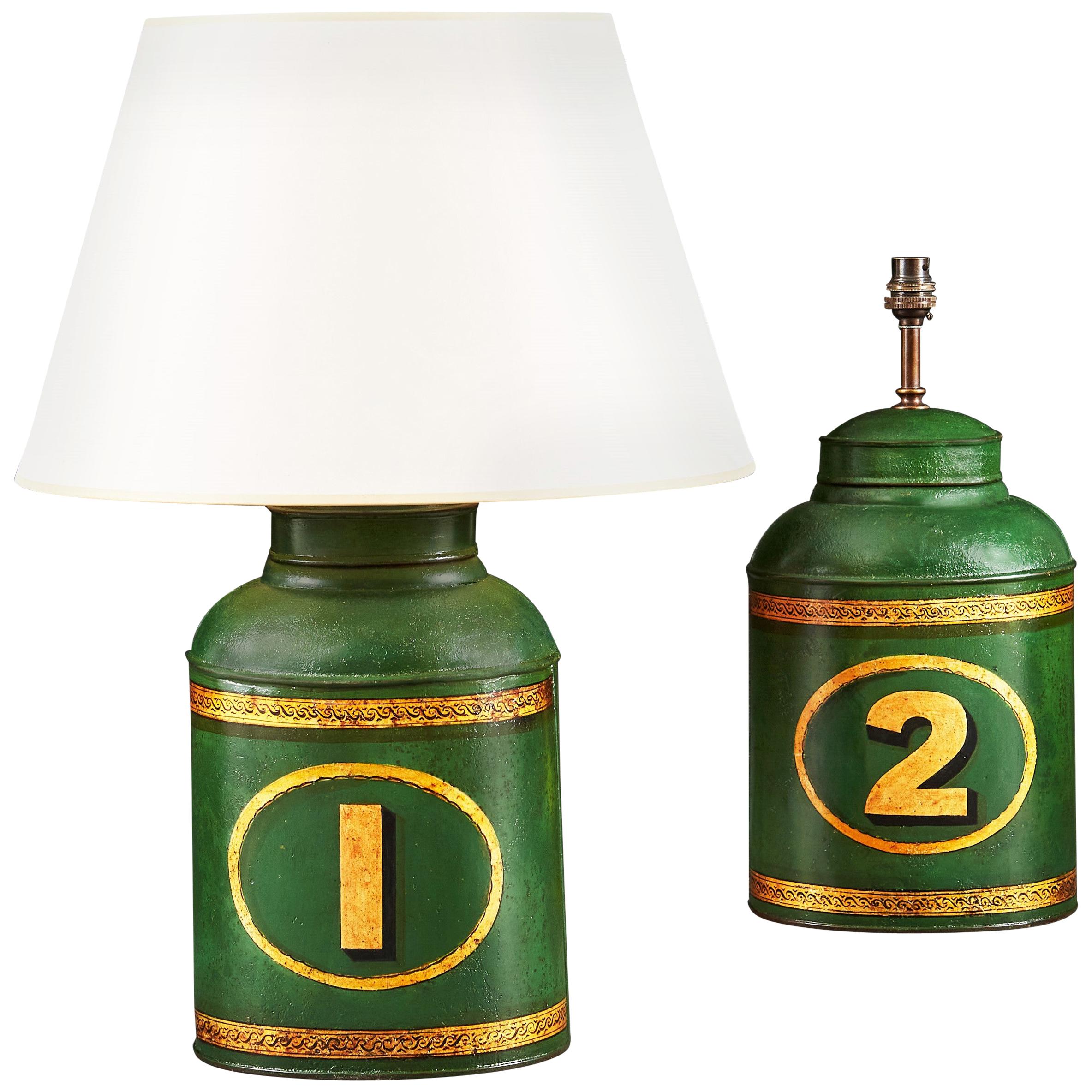 Pair of 19th Century Green Tole Tea Tins as Table Lamps