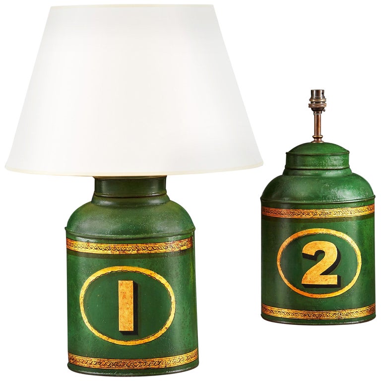 Pair of 19th Century Green Tole Tea Tins as Table Lamps