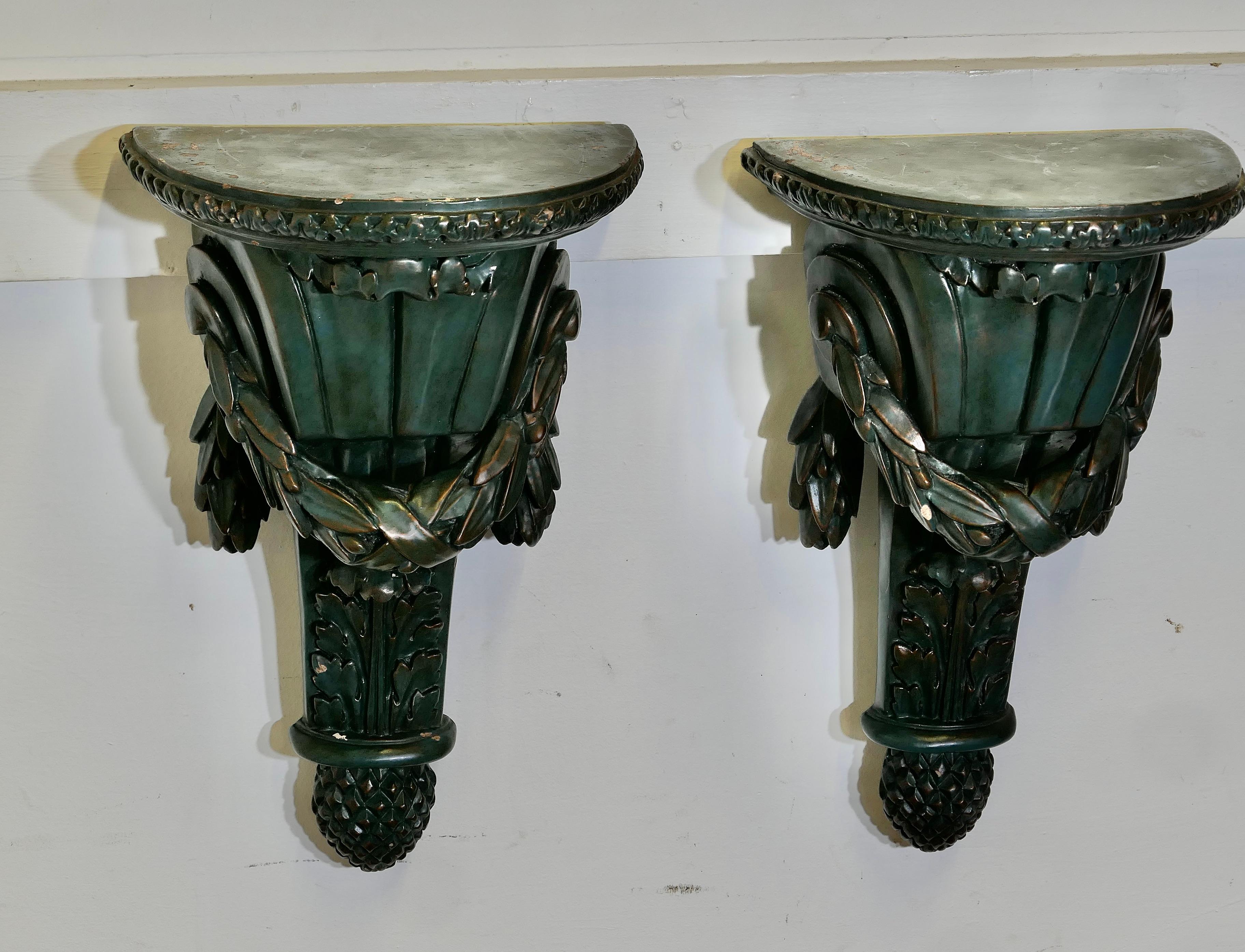 Plaster A Pair of 19th Century Green Wall Brackets     These are beautifully designed pi For Sale