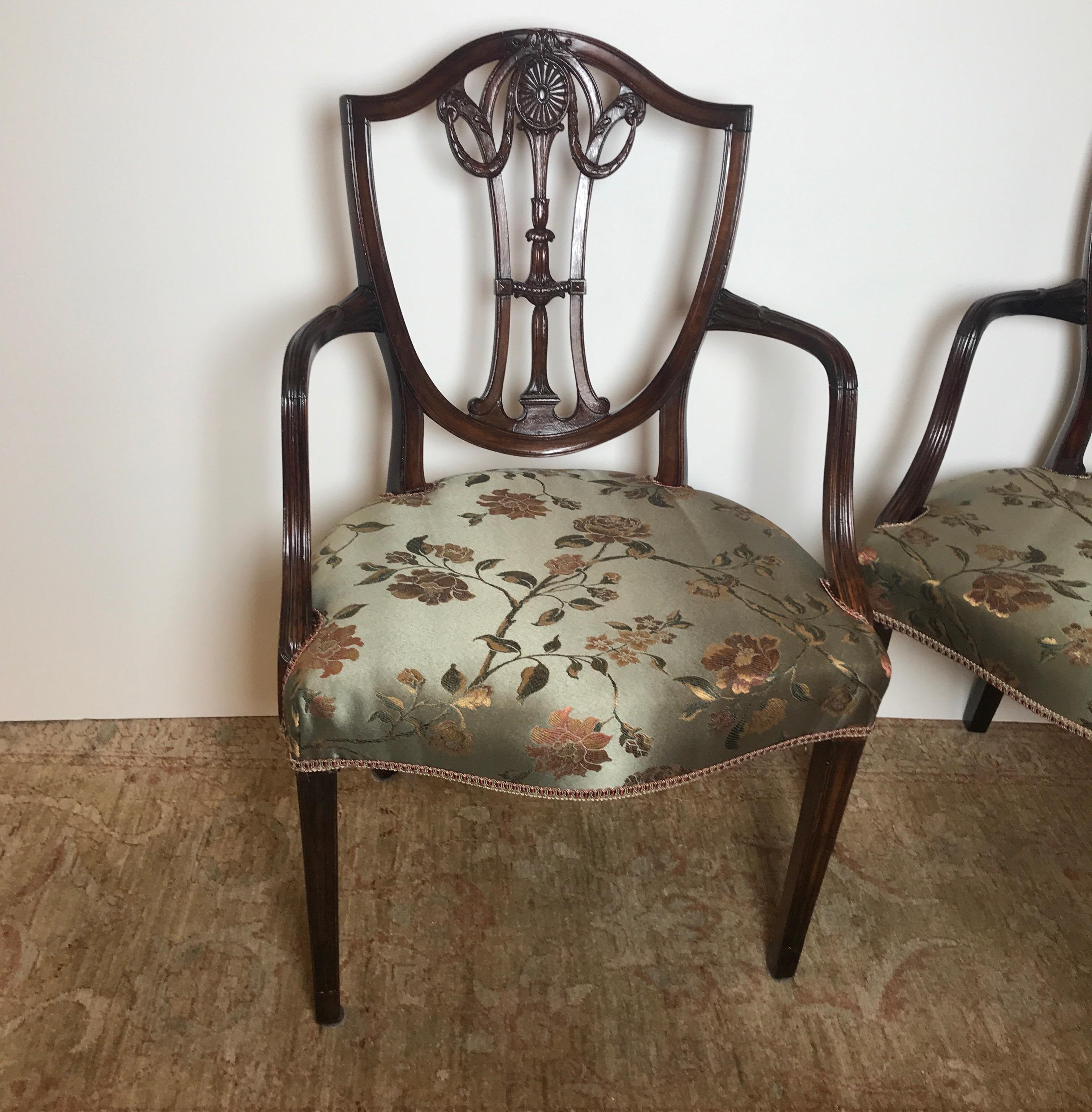 English Pair of 19th Century Hand Carved Hepplewhite Armchairs