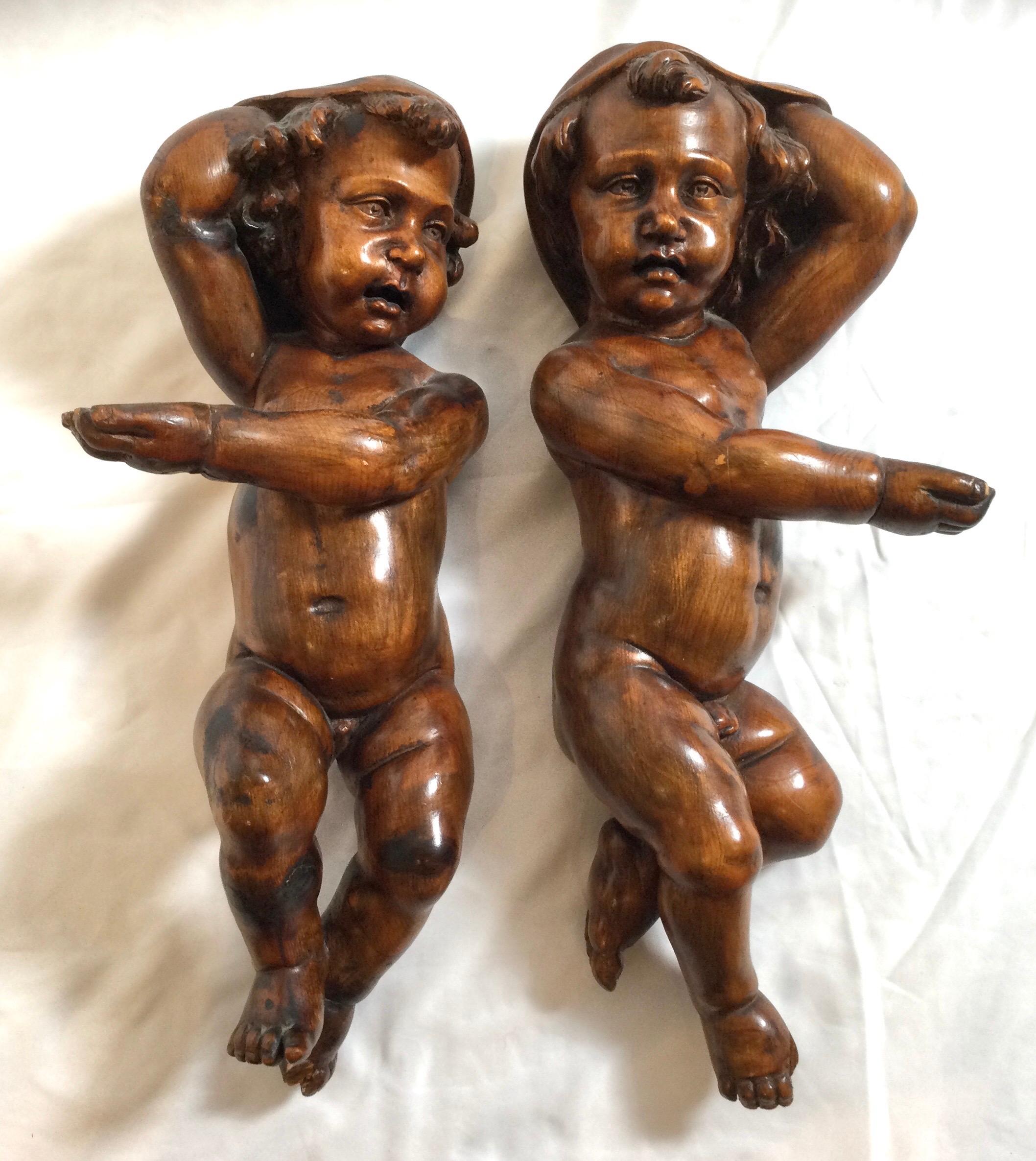 Renaissance Revival Pair of 19th Century Hand Carved Italian Walnut Cherubs