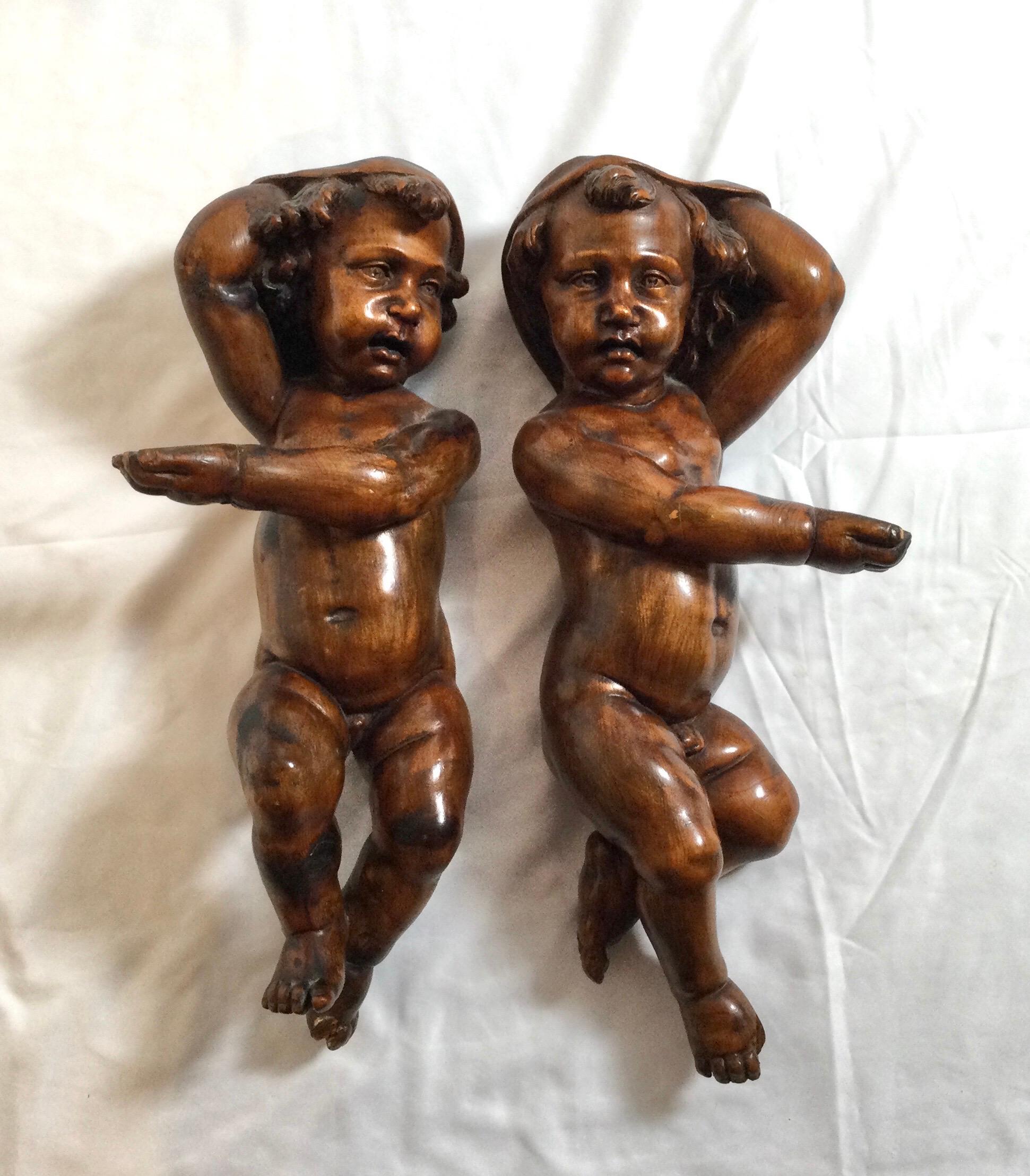 Hand-Carved Pair of 19th Century Hand Carved Italian Walnut Cherubs