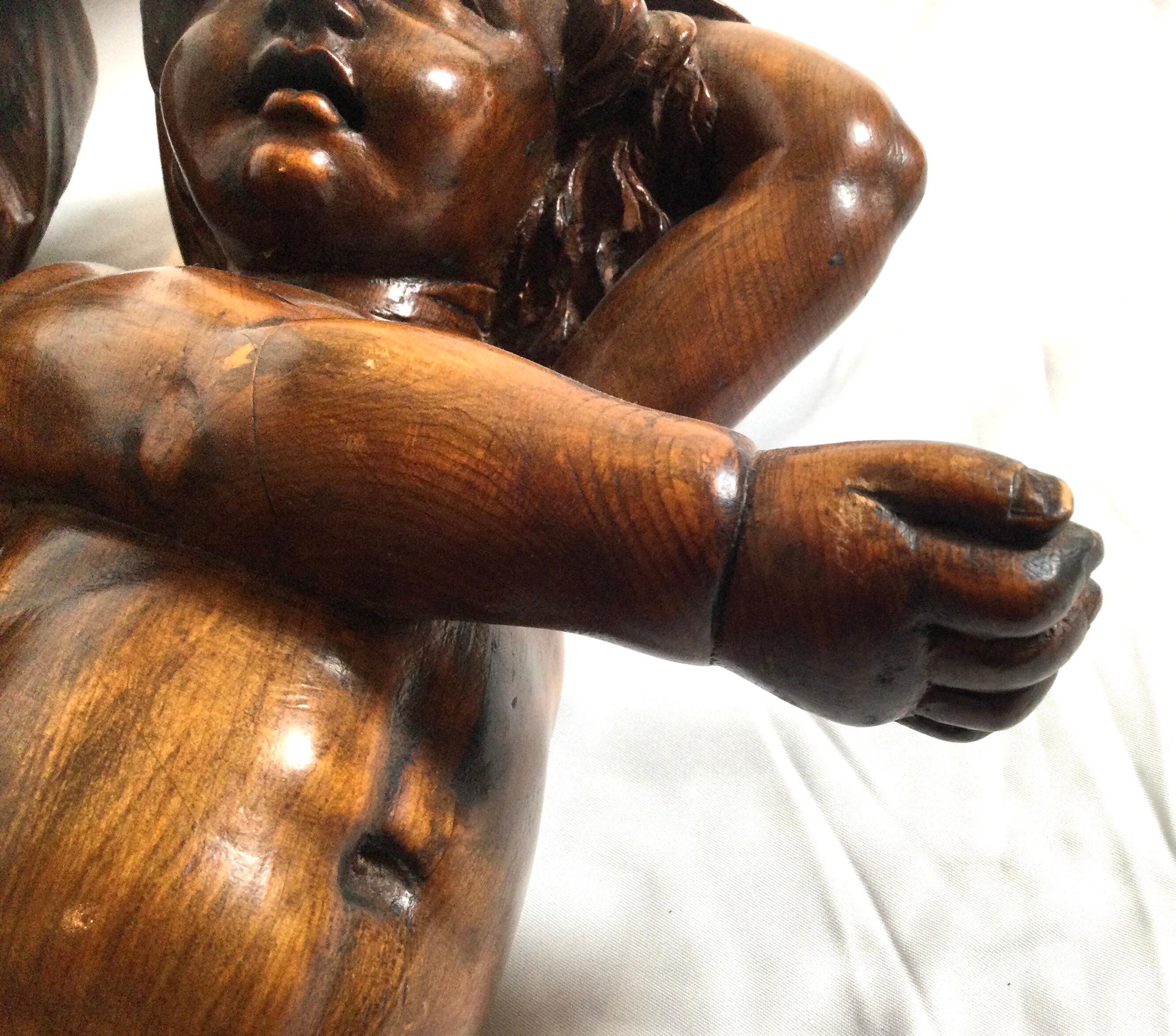 Pair of 19th Century Hand Carved Italian Walnut Cherubs 2